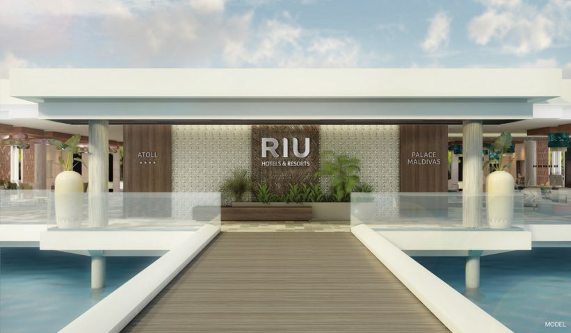 Entrance to the hotel Riu Atoll, located in Atolon Dhaalu, Maldives 