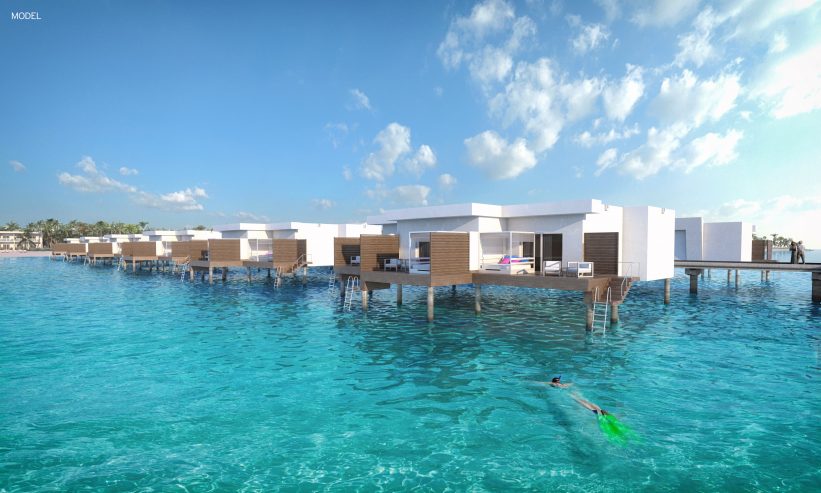 Entwurf der zukünftigen Suiten des Riu Atoll Hotels, direkt über dem Wasser des Indischen Ozeans auf den Malediven erbaut.