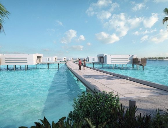Laufsteg, an dem sich die Zimmer über dem Meer des Hotels Riu Palace Maldivas
