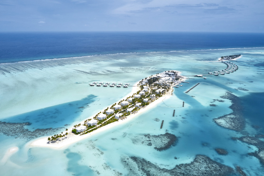 Luftaufnahme der Hotels Riu Atoll und Riu Palace Maldivas