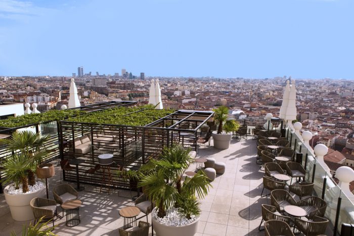 This is the stunning new rooftop terrace of the Riu Plaza España hotel in Madrid