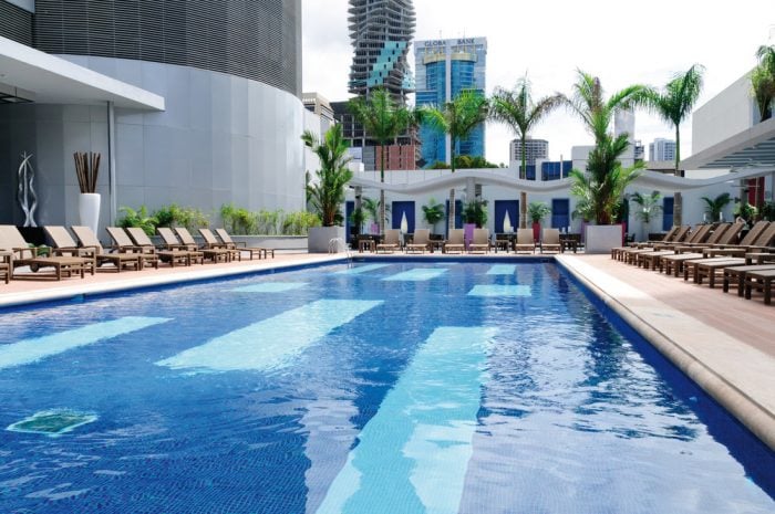 The Riu Plaza Panama hotel has a swimming pool on the terrace
