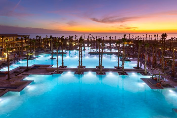 The new RIU hotel in Morocco has five enormous swimming pools with a cascading design.