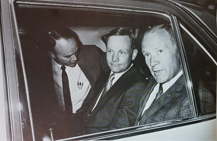 Neil Armstrong, Buzz Aldrin und Michael Collins nach ihrer Rückkehr von der Reise zum Mond.