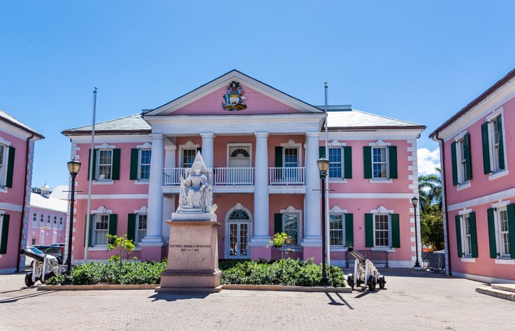 The parliament building of the Bahamas is characterised by its pink facade