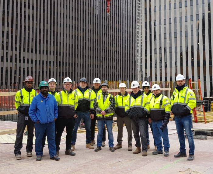Luis Riu and his team in front of the refurbishing works for the future Riu Plaza Manhattan Times Square, which will open in 2021 in New York