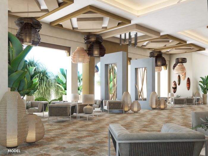 Rendering der künftigen Lobby des Hotels Riu Baobab im Senegal, das im April 2022 eröffnet werden soll