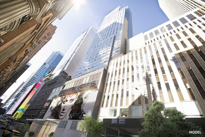  A render of the exterior of the upcoming second RIU hotel in New York, located next to Times Square, which will open in 2022