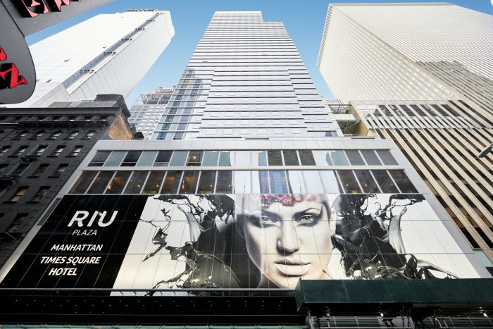 Façade of the Riu Plaza Manhattan Times Square hotel in New York