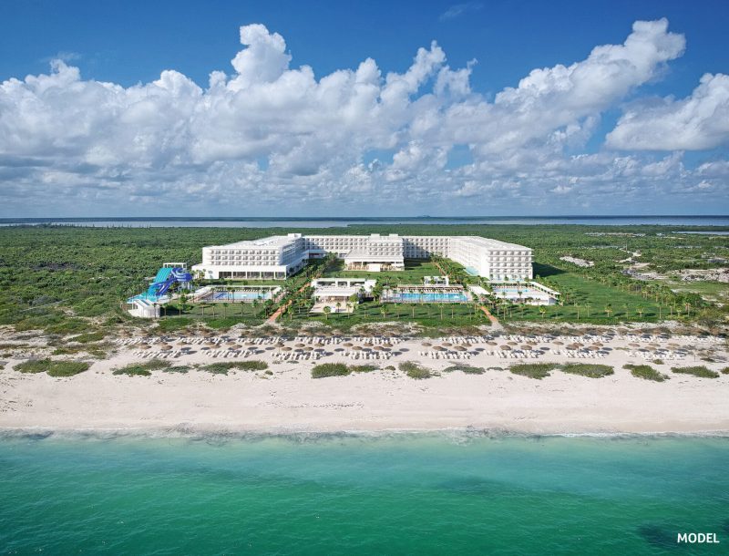 Aerial view, from the sea, of the Hotel Riu Latino in Costa Mujeres, Cancún, in Mexico