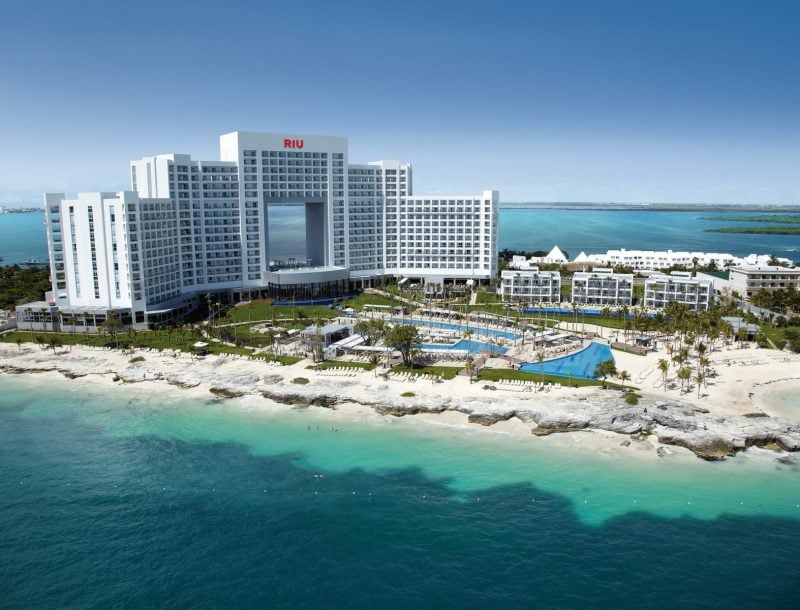 General view from the sea of the Hotel Riu Palace Peninsula in Cancún, Mexico