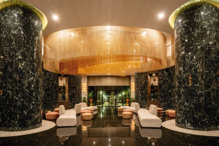 Lobby of the Riu Palace Kukulcan hotel, which opened in Cancun, Mexico, in 2022.