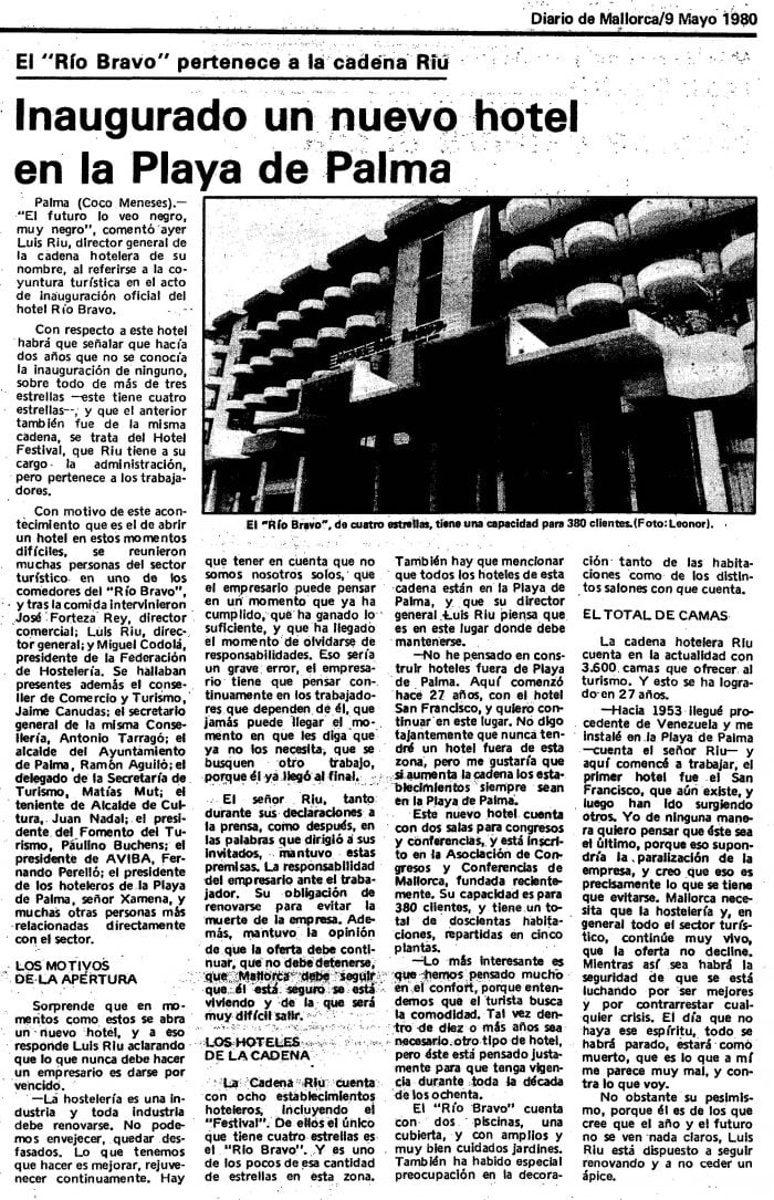 Noticia sobre la apertura del hotel Río Bravo en 1980, recogida por el Diario de Mallorca