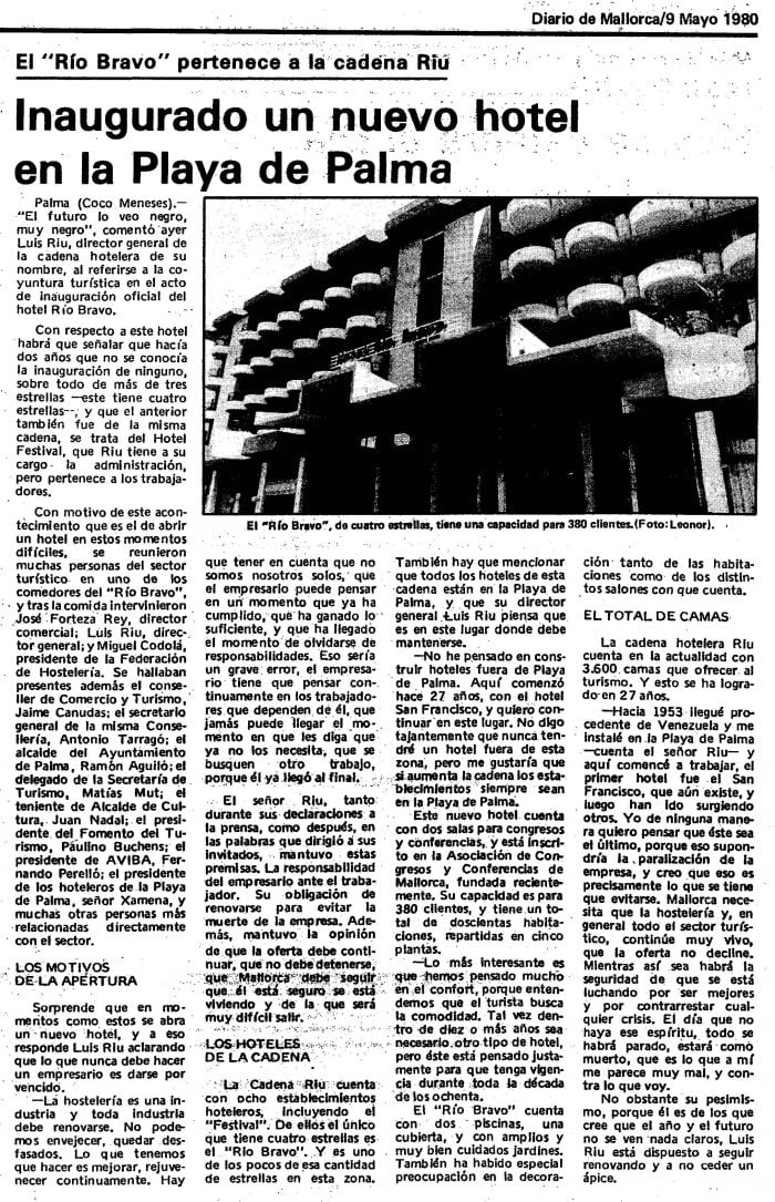 News about the inauguration of the Rio Bravo hotel in 1980, published in the Spanish newspaper "Diario de Mallorca"