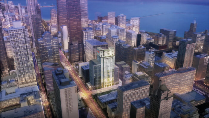 Luftaufnahme des zukünftigen Riu Plaza Chicago Hotels und seiner Umgebung im Stadtteil Streeterville