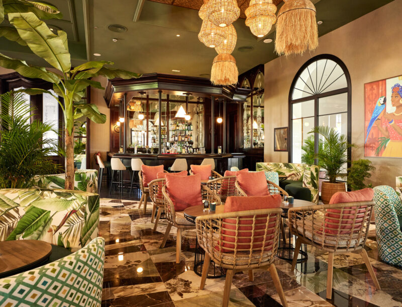 Lobby bar at the hotel Riu Palace Macao in Punta Cana, after its refurbishment in 2023.