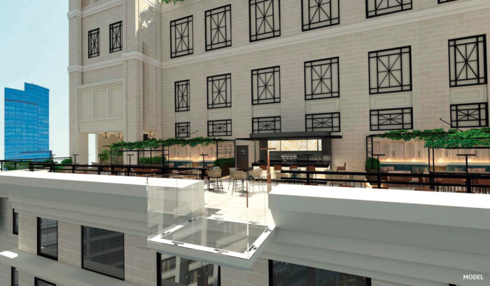 A rendering of the future sky bar with a glass balcony suspended in the air on the 26th floor of the Riu Plaza Chicago hotel