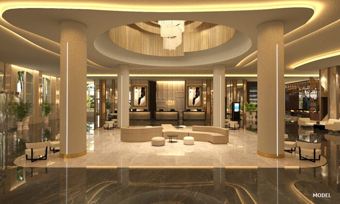 Render de la recepción del hotel Riu Palace Bavaro. 