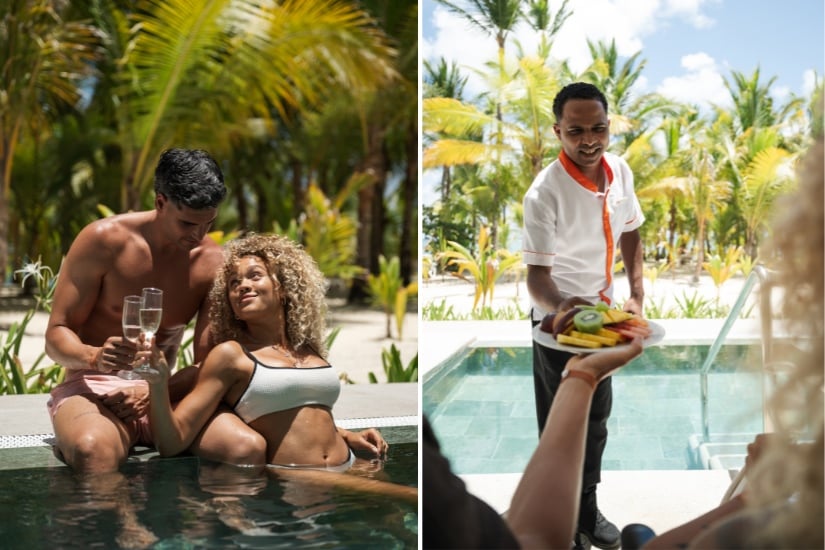 Una pareja disfruta de un desayuno en la piscina privada de su hotel RIU