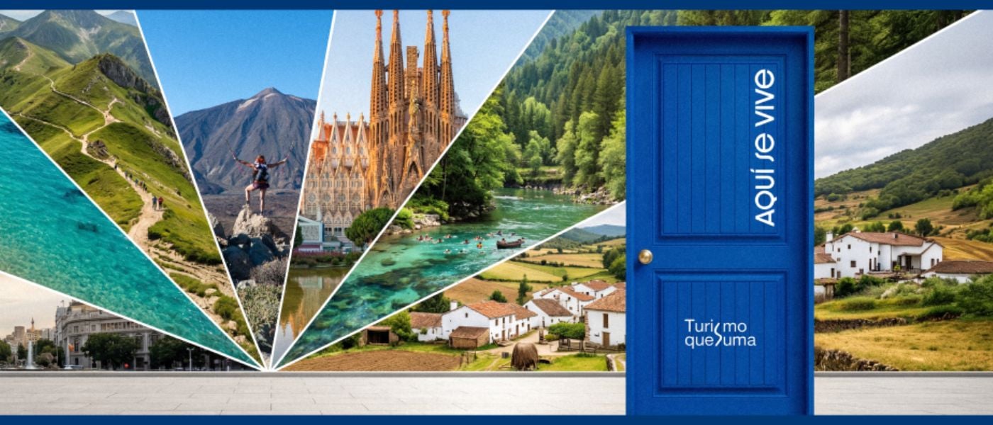 Ilustración de la nueva campaña de Aquí se vive que muestra una puerta azul a la derecha y de fondo distintos destinos de España
