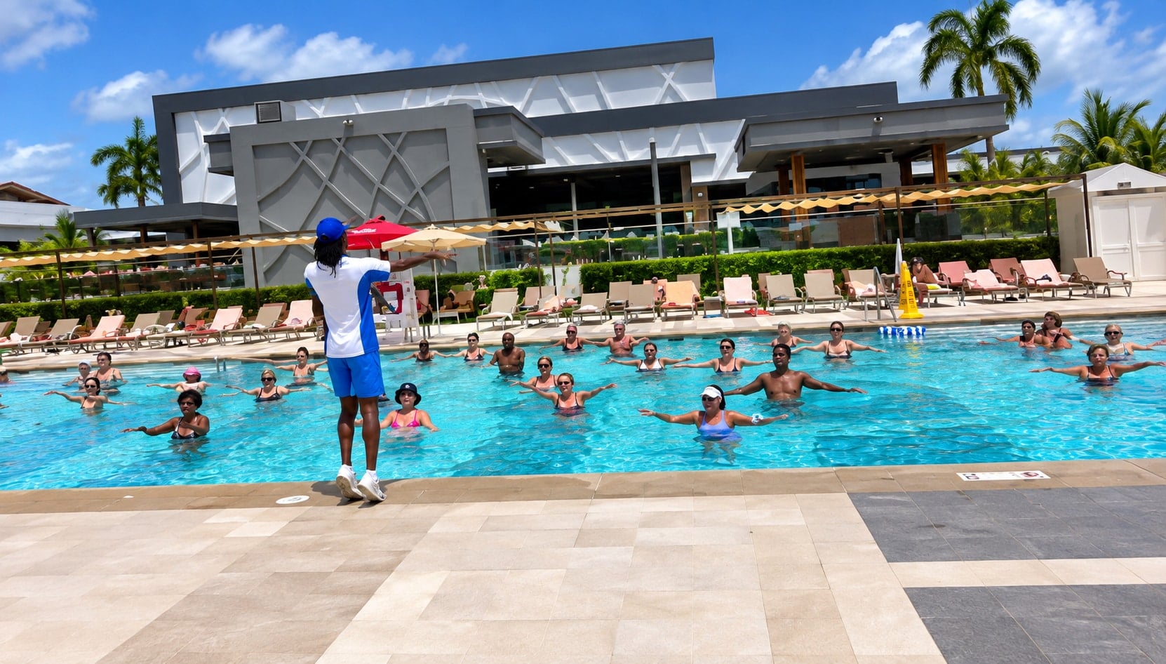 Monitor de RIUfit desde el borde de la piscina dirigiendo una clase de aquagym a un numeroso grupo de huéspedes en el Hotel Riu Negril.