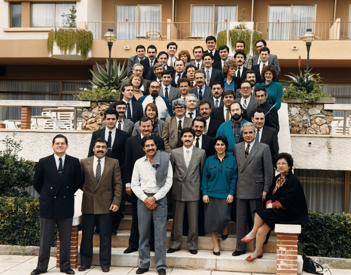 Equipo de RIU en los años 80 posando en grupo en la escalinata de un hotel de la cadena