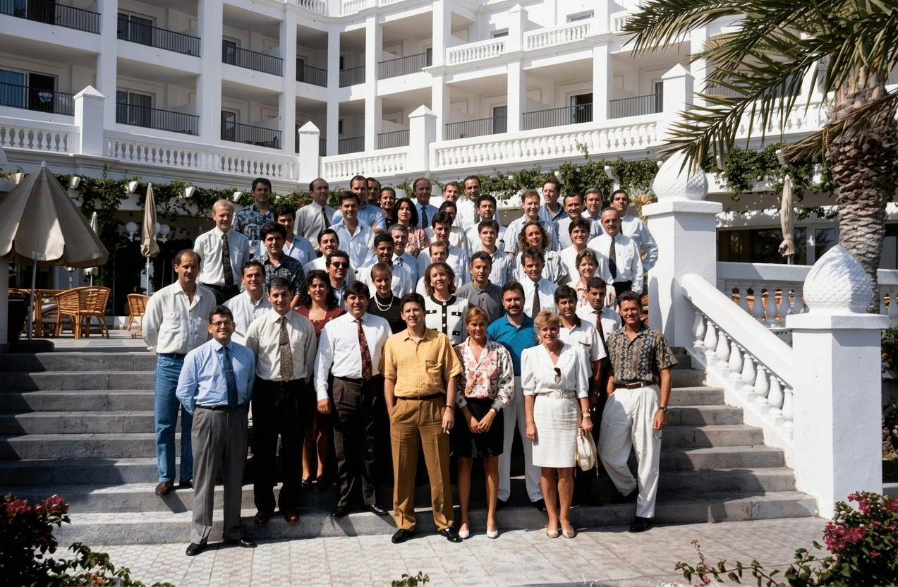 Numeroso equipo de empleados y directivos de RIU posando en la escalinata de un hotel de la cadena en Canarias