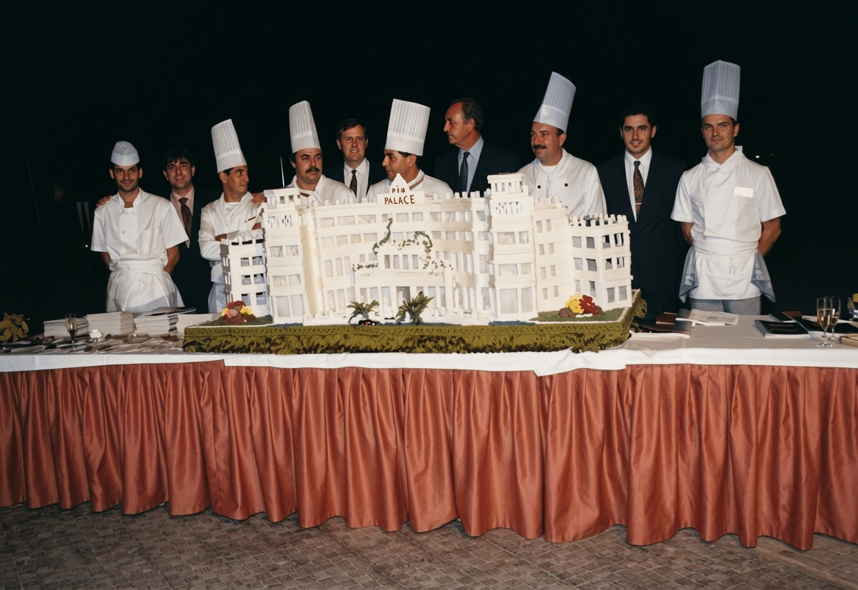 Cocineros y directivos de RIU junto a una tarta que reproduce la fachada de un hotel Riu Palace